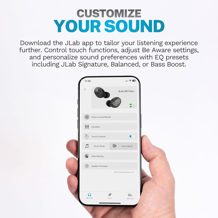 JLab Go Pop+ True Wireless Bluetooth Earbuds & Charging Case - Black, App Support, Dual Connect, IPX4 Sweat Resistance, Bluetooth 5 Connection, 3 EQ Sound Settings Signature, Balanced, Bass Boost - Image 2