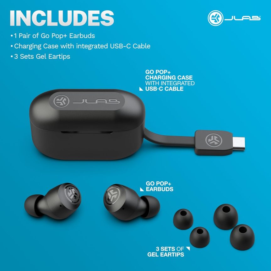JLab Go Pop+ True Wireless Bluetooth Earbuds & Charging Case - Black, App Support, Dual Connect, IPX4 Sweat Resistance, Bluetooth 5 Connection, 3 EQ Sound Settings Signature, Balanced, Bass Boost - Image 7